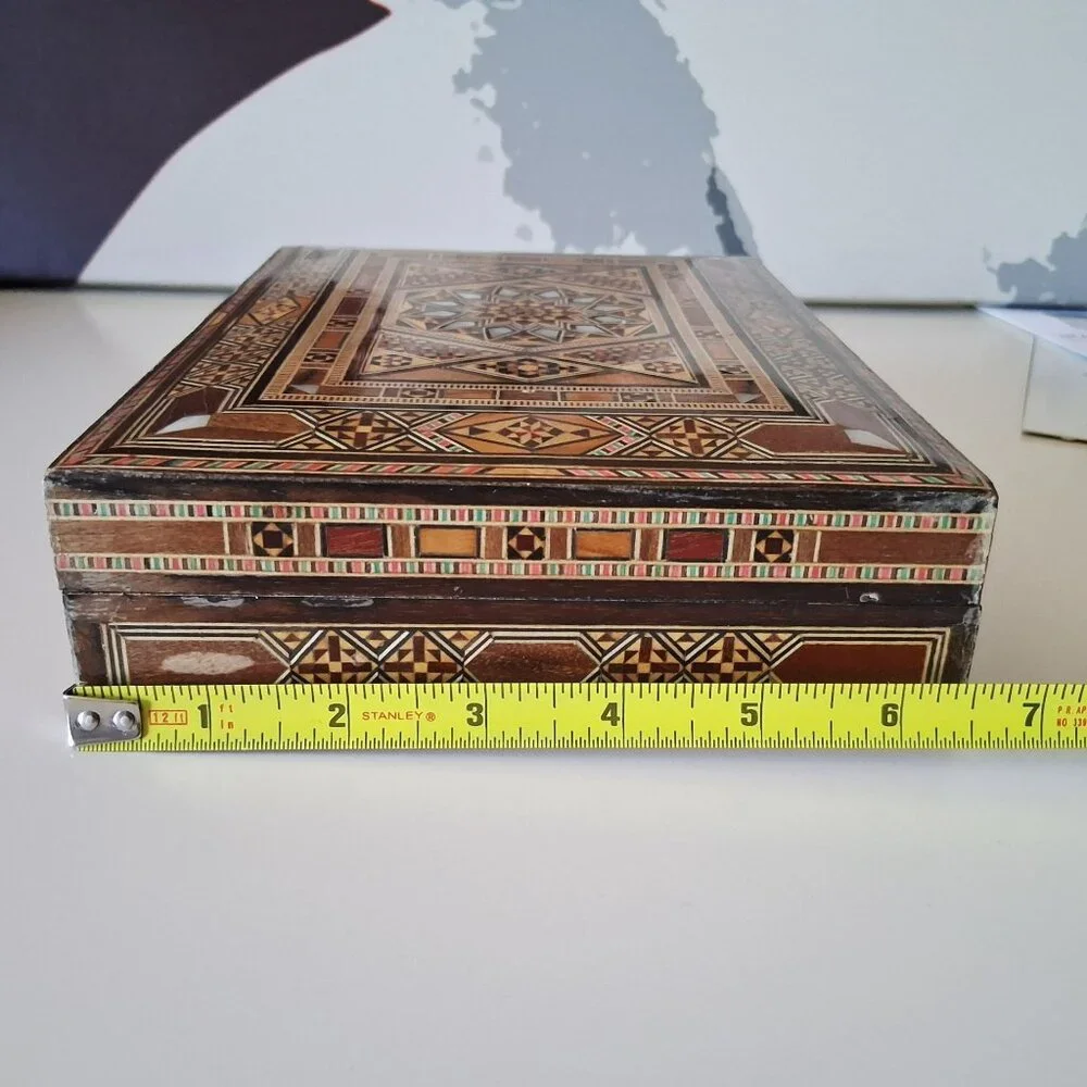 Vintage Handcrafted Wooden Inlaid Jewelry Box Mosaic Design Red Velvet Interior